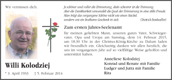 Traueranzeige von Willi Kolodziej von Neue Osnabrücker Zeitung GmbH & Co. KG