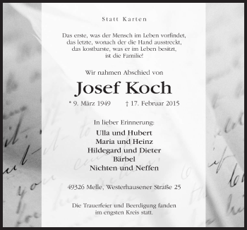 Traueranzeige von Josef Koch von Neue Osnabrücker Zeitung GmbH & Co. KG