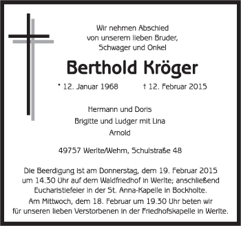 Traueranzeige von Berthold Kröger von Neue Osnabrücker Zeitung GmbH & Co. KG