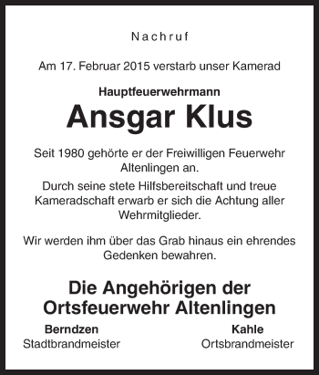 Traueranzeige von Ansgar Klus von Neue Osnabrücker Zeitung GmbH & Co. KG