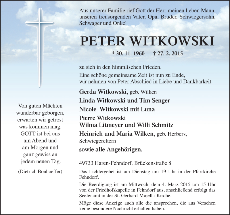  Traueranzeige für Peter Witkowski vom 28.02.2015 aus Neue Osnabrücker Zeitung GmbH & Co. KG