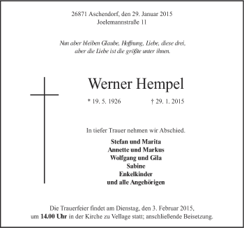 Traueranzeige von Werner Hempel von Neue Osnabrücker Zeitung GmbH & Co. KG