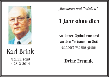 Traueranzeige von Karl Brink von Neue Osnabrücker Zeitung GmbH & Co. KG