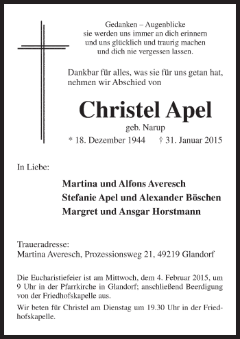 Traueranzeige von Christel Apel von Neue Osnabrücker Zeitung GmbH & Co. KG