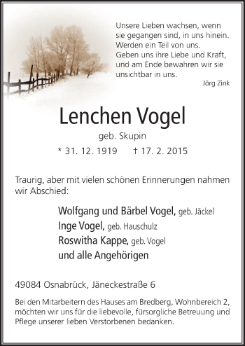Traueranzeige von Lenchen Vogel von Neue Osnabrücker Zeitung GmbH & Co. KG
