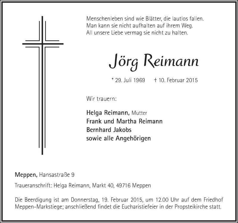  Traueranzeige für Jörg Reimann vom 14.02.2015 aus Neue Osnabrücker Zeitung GmbH & Co. KG