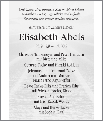 Traueranzeige von Elisabeth Abels von Neue Osnabrücker Zeitung GmbH & Co. KG