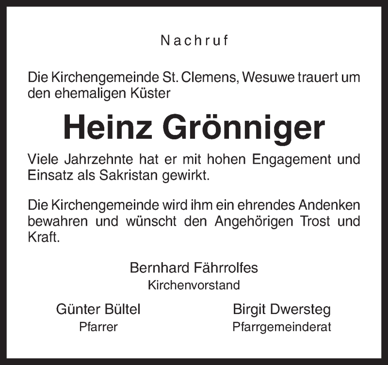  Traueranzeige für Heinz Grönniger vom 19.02.2015 aus Neue Osnabrücker Zeitung GmbH & Co. KG