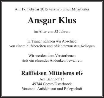 Traueranzeige von Ansgar Klus von Neue Osnabrücker Zeitung GmbH & Co. KG