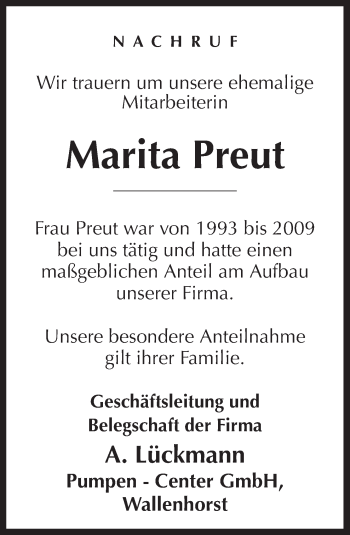 Traueranzeige von Marita Preut von Neue Osnabrücker Zeitung GmbH & Co. KG