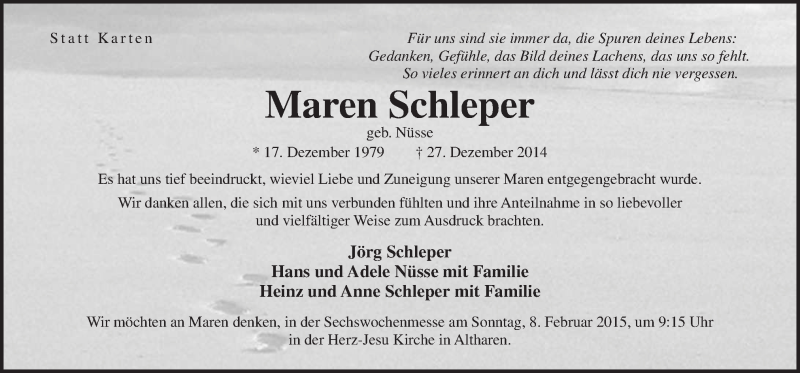  Traueranzeige für Maren Schleper vom 04.02.2015 aus Neue Osnabrücker Zeitung GmbH & Co. KG
