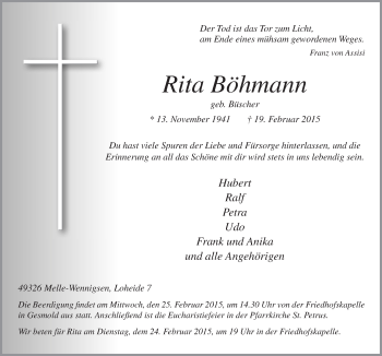 Traueranzeige von Rita Böhmann von Neue Osnabrücker Zeitung GmbH & Co. KG