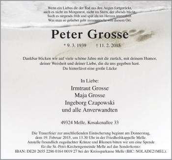 Traueranzeige von Peter Grosse von Neue Osnabrücker Zeitung GmbH & Co. KG