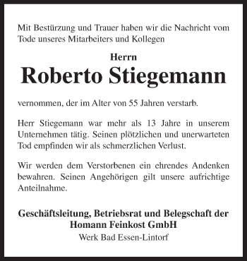 Traueranzeige von Roberto Stiegemann von Neue Osnabrücker Zeitung GmbH & Co. KG