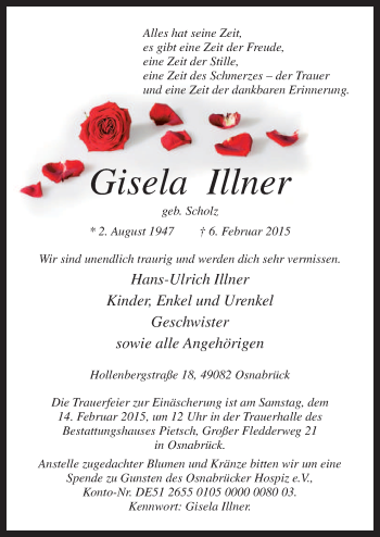 Traueranzeige von Gisela Illner von Neue Osnabrücker Zeitung GmbH & Co. KG