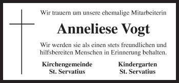 Traueranzeige von Anneliese Vogt von Neue Osnabrücker Zeitung GmbH & Co. KG