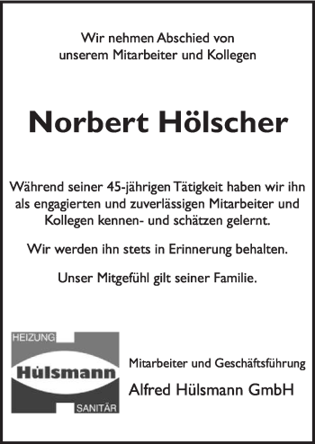 Traueranzeige von Norbert Hölscher von Neue Osnabrücker Zeitung GmbH & Co. KG