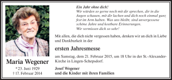 Traueranzeige von Maria Wegener von Neue Osnabrücker Zeitung GmbH & Co. KG