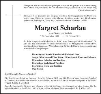 Traueranzeige von Margret Scharlau von Neue Osnabrücker Zeitung GmbH & Co. KG