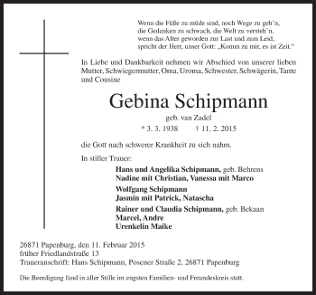 Traueranzeige von Gebina Schipmann von Neue Osnabrücker Zeitung GmbH & Co. KG