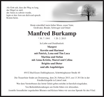 Traueranzeige von Manfred Burkamp von Neue Osnabrücker Zeitung GmbH & Co. KG
