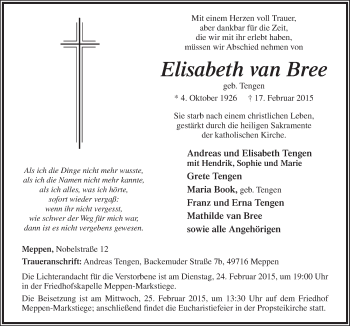 Traueranzeige von Elisabeth van Bree von Neue Osnabrücker Zeitung GmbH & Co. KG