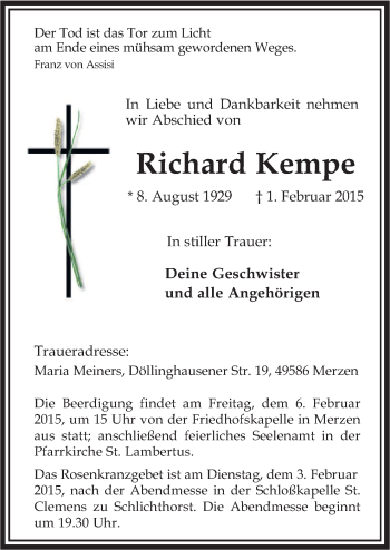Traueranzeige von Richard Kempe von Neue Osnabrücker Zeitung GmbH & Co. KG