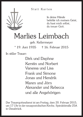 Traueranzeige von Marlies Leimbach von Neue Osnabrücker Zeitung GmbH & Co. KG
