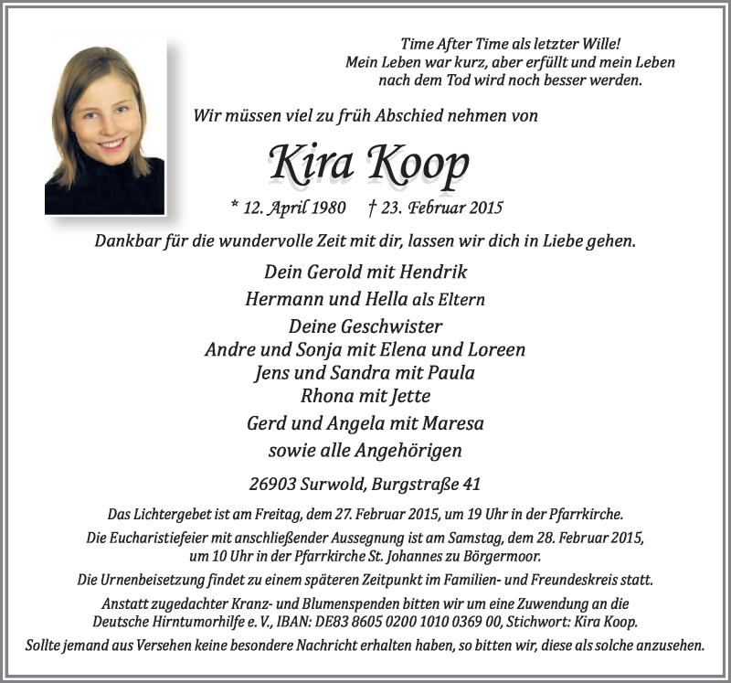  Traueranzeige für Kira Koop vom 25.02.2015 aus Neue Osnabrücker Zeitung GmbH & Co. KG