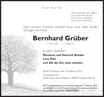 Traueranzeige von Bernhard Grüber von Neue Osnabrücker Zeitung GmbH & Co. KG
