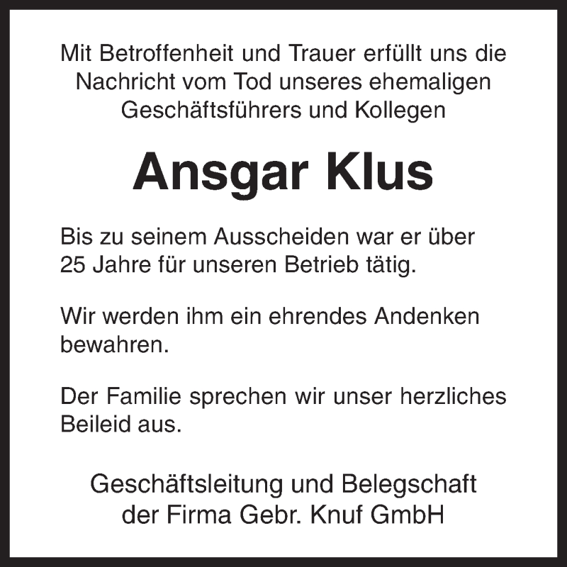  Traueranzeige für Ansgar Klus vom 21.02.2015 aus Neue Osnabrücker Zeitung GmbH & Co. KG