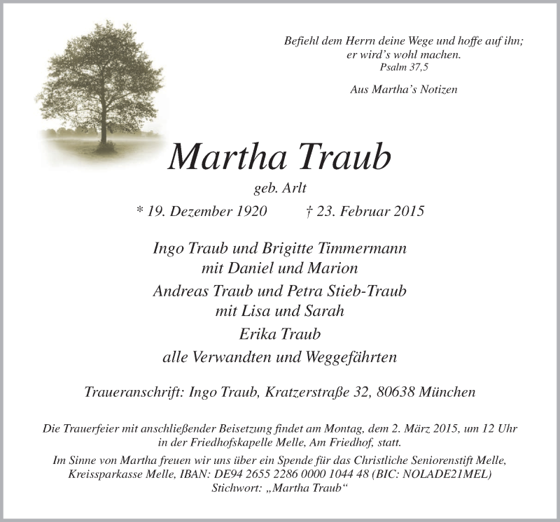  Traueranzeige für Martha Traub vom 26.02.2015 aus Neue Osnabrücker Zeitung GmbH & Co. KG