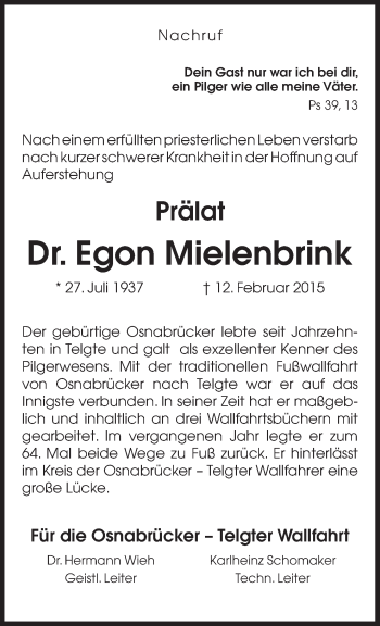Traueranzeige von Egon Mielenbrink von Neue Osnabrücker Zeitung GmbH & Co. KG