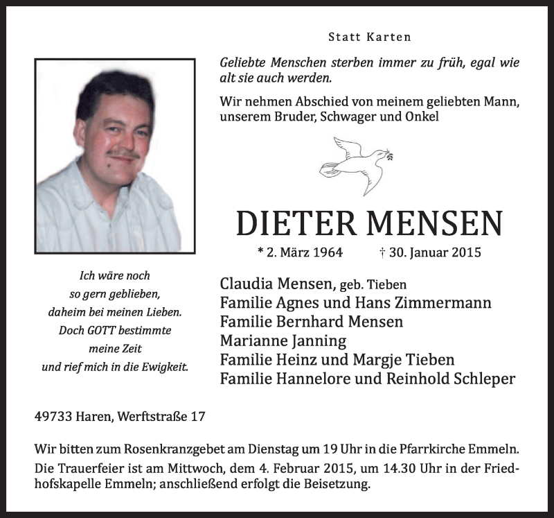  Traueranzeige für Dieter Mensen vom 02.02.2015 aus Neue Osnabrücker Zeitung GmbH & Co. KG