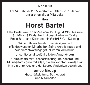 Traueranzeige von Horst Bartel von Neue Osnabrücker Zeitung GmbH & Co. KG