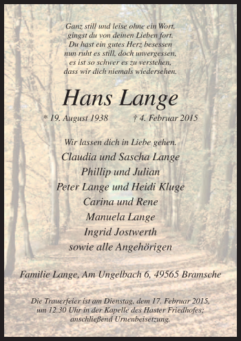 Traueranzeige von Hans Lange von Neue Osnabrücker Zeitung GmbH & Co. KG