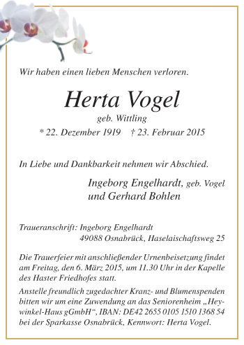 Traueranzeige von Herta Vogel von Neue Osnabrücker Zeitung GmbH & Co. KG