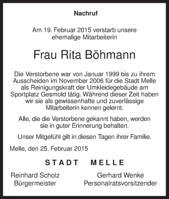 Traueranzeige von Rita Böhmann von Neue Osnabrücker Zeitung GmbH & Co. KG