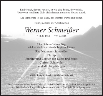 Traueranzeige von Werner Schmeißer von Neue Osnabrücker Zeitung GmbH & Co. KG