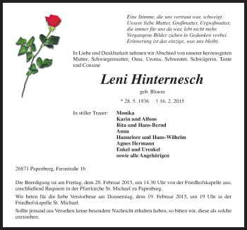 Traueranzeige von Leni Hinternesch von Neue Osnabrücker Zeitung GmbH & Co. KG