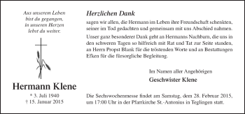 Traueranzeige von Hermann Klene von Neue Osnabrücker Zeitung GmbH & Co. KG