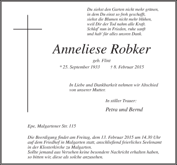 Traueranzeige von Anneliese Robker von Neue Osnabrücker Zeitung GmbH & Co. KG