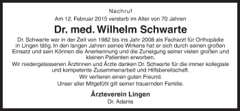 Traueranzeige von Wilhelm Schwarte von Neue Osnabrücker Zeitung GmbH & Co. KG