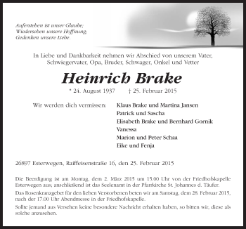 Traueranzeige von Heinrich Brake von Neue Osnabrücker Zeitung GmbH & Co. KG