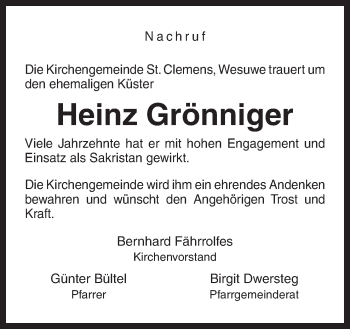 Traueranzeige von Heinz Grönniger von Neue Osnabrücker Zeitung GmbH & Co. KG