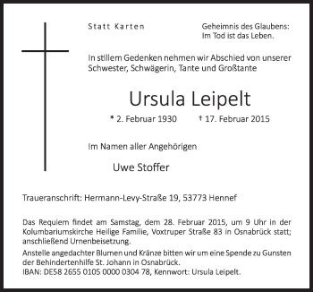 Traueranzeige von Ursula Leipelt von Neue Osnabrücker Zeitung GmbH & Co. KG