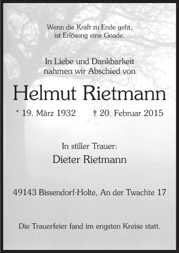 Traueranzeige von Helmut Rietmann von Neue Osnabrücker Zeitung GmbH & Co. KG