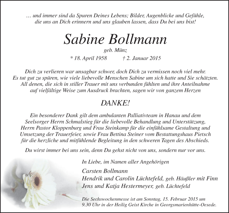  Traueranzeige für Sabine Bollmann vom 11.02.2015 aus Neue Osnabrücker Zeitung GmbH & Co. KG