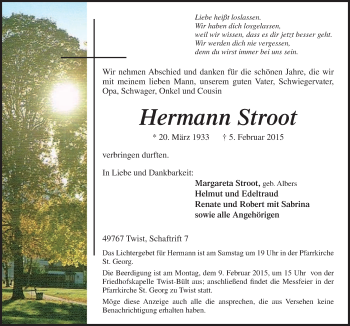 Traueranzeige von Hermann Stroot von Neue Osnabrücker Zeitung GmbH & Co. KG