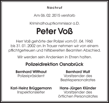 Traueranzeige von Peter Voß von Neue Osnabrücker Zeitung GmbH & Co. KG